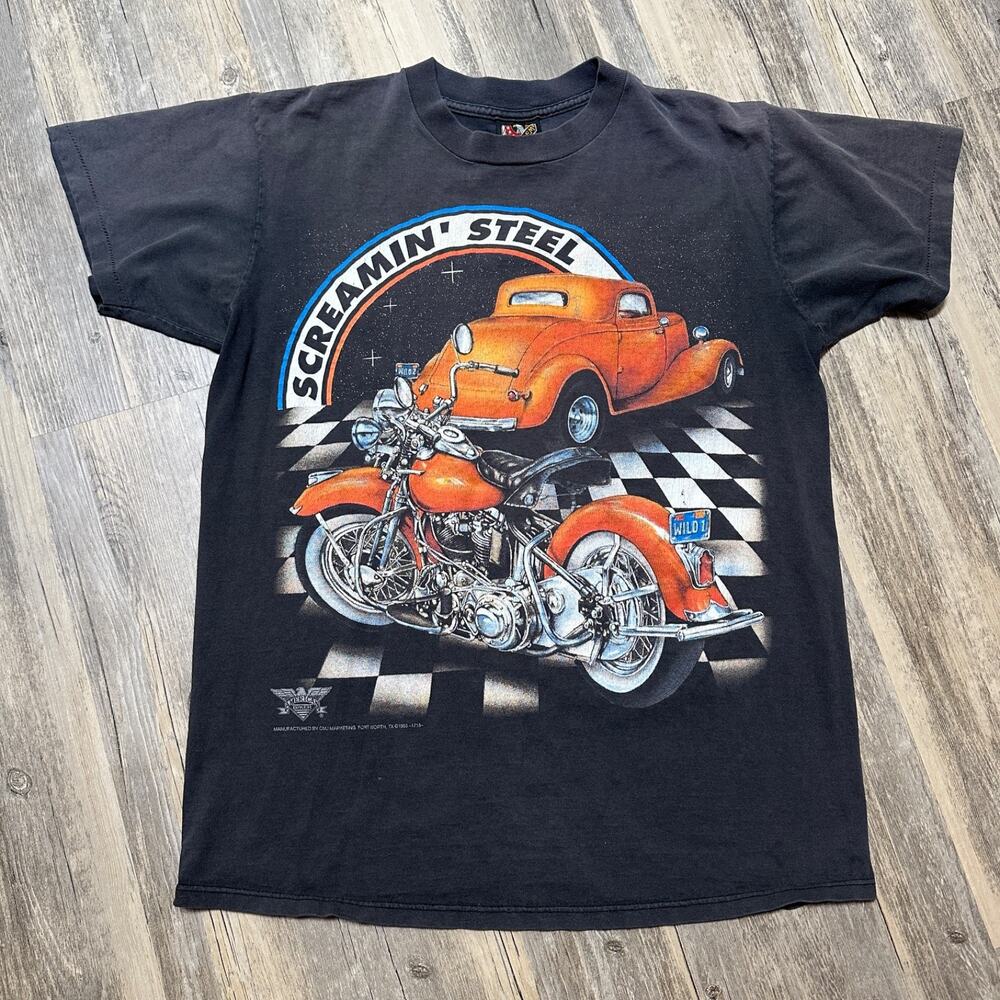 Vtg Harley Davidson 3D Emblem T-shirt L Screamin' Steel Bryan, TX American Biker
